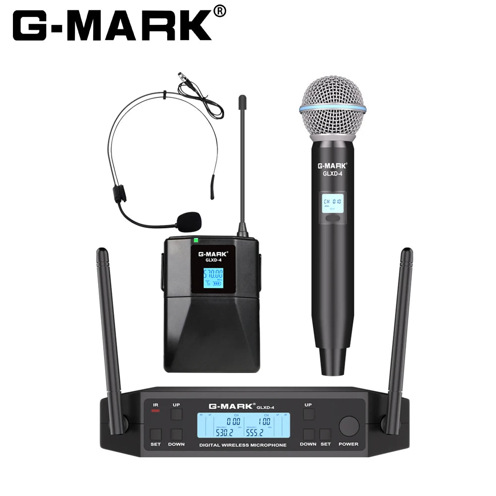Wireless Microphone G-MARK GLXD4 Professional UHF System Handheld Mic & Bodypack Mic For Stage Speech Show Home Party Church