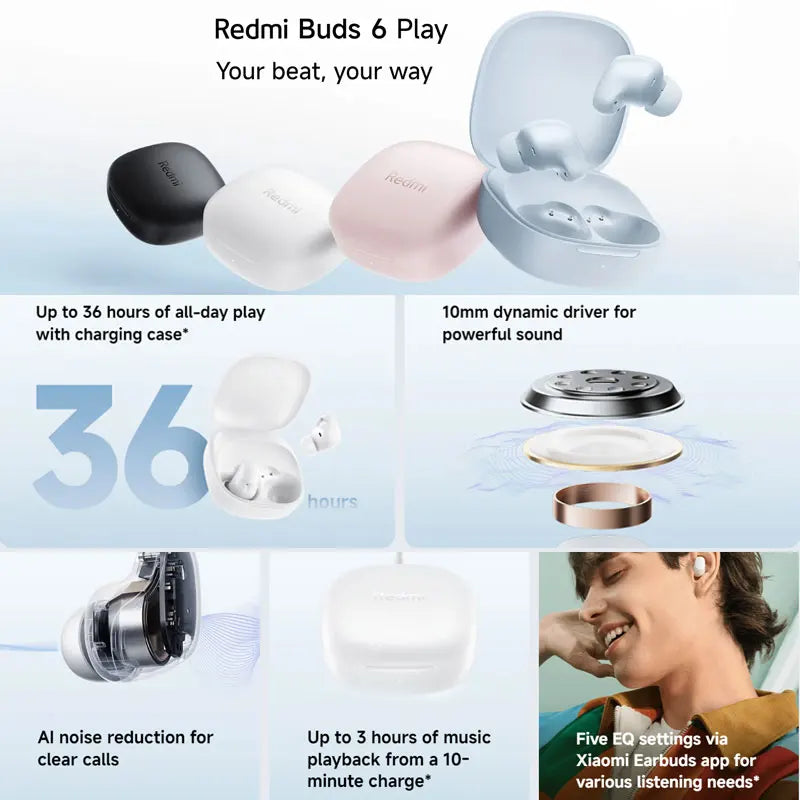 Xiaomi Redmi Buds 6 Play Wireless Bluetooth Earphone, BT5.4 Touch control Wireless Earphone, AI Noise Reduction, Long Endurance