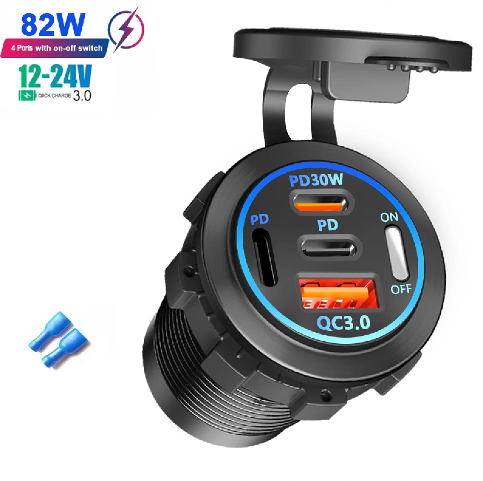 Car Charger Socket Dual Type-C & Dual USB 4Ports Fast Charging Socket Waterproof with Voltmeter 12V/24V For Car Boat Motorcycle