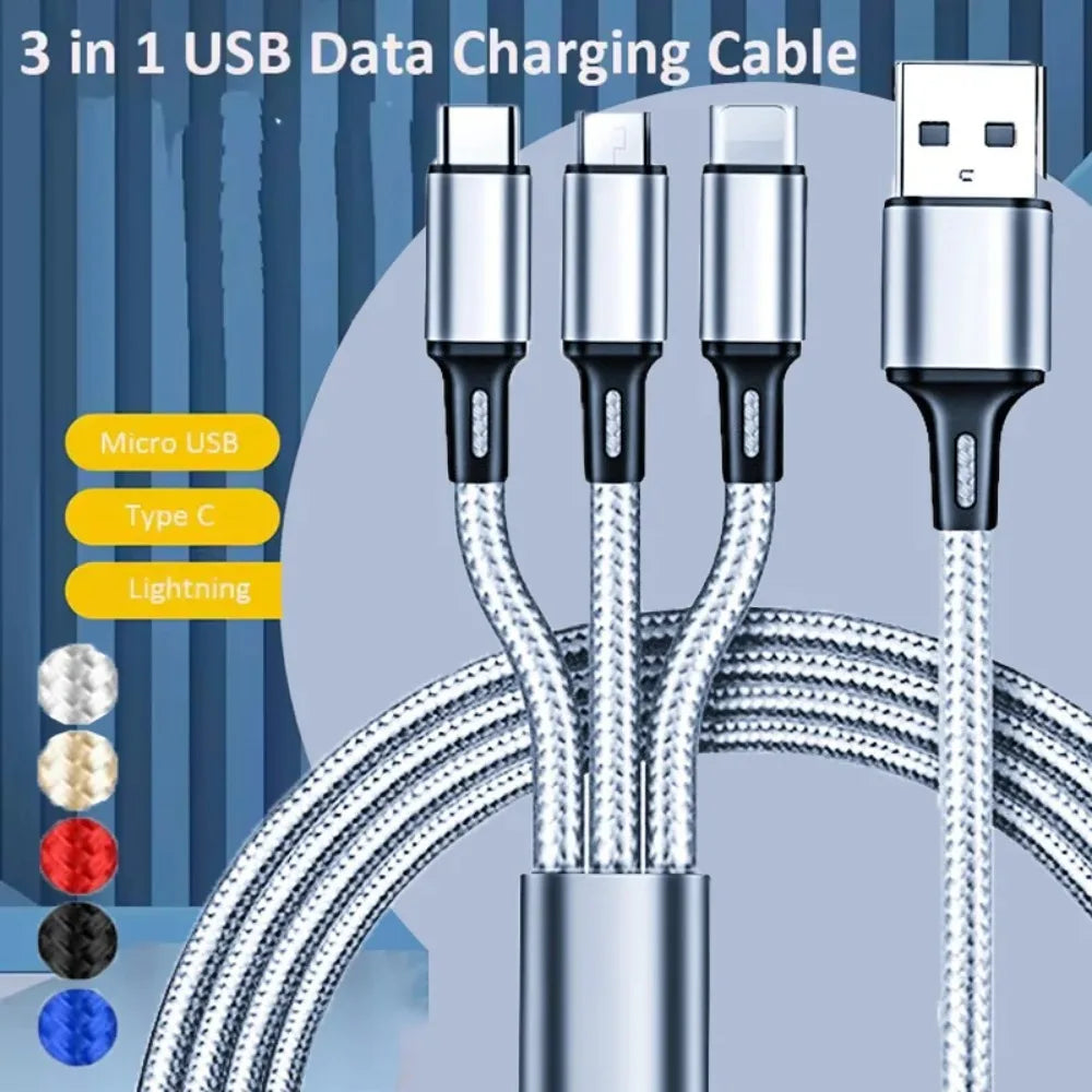 3In1 Fast Charging Cable Cord For iPhone Xiaomi Micro USB Type C Charger Cable Multi Port Multiple Usb Charging Wire Line