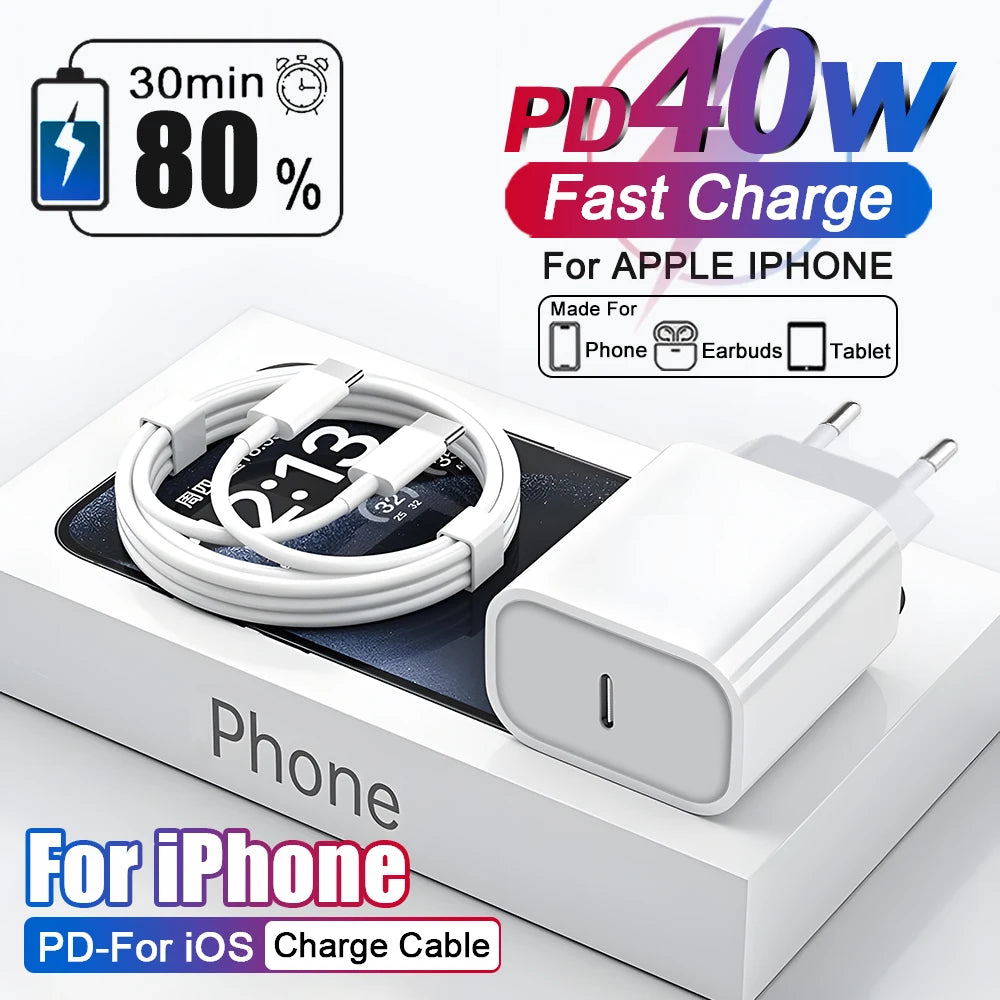 US EU Adapter PD 40W Fast Charger For iPhone 15 13 12 11 14 17 16 Pro Max Type C Charger Charging Cable Phone Accessories