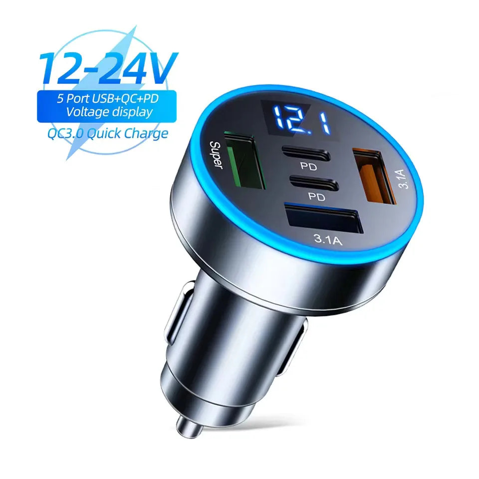 250W 5 Ports Car Charger Fast Charging PD QC3.0 USB C Car Phone Charger Type C Adapter In Car For IPhone