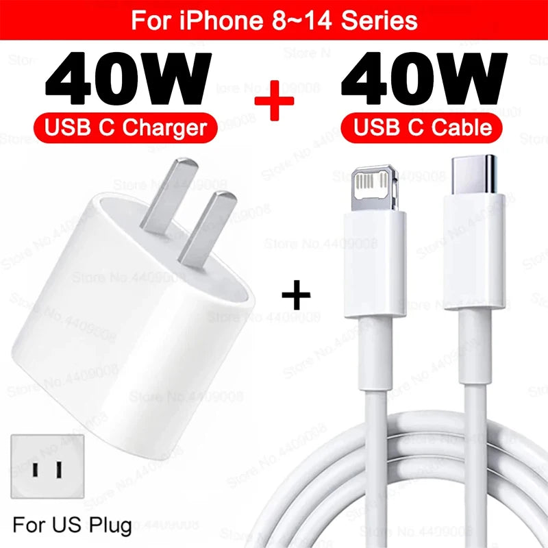 US EU Adapter PD 40W Fast Charger For iPhone 15 13 12 11 14 17 16 Pro Max Type C Charger Charging Cable Phone Accessories
