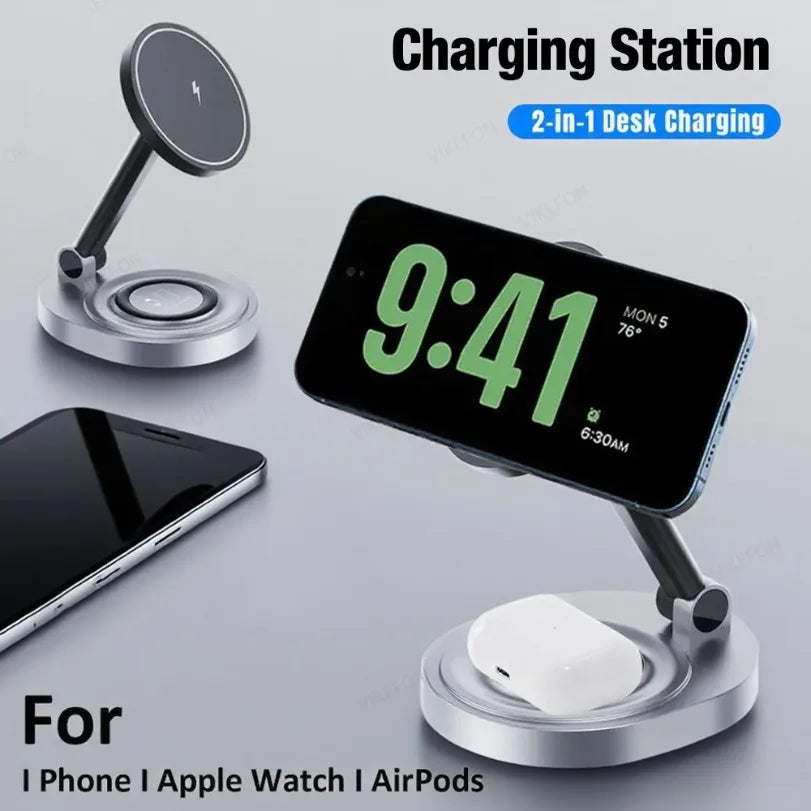 2 in 1 Folable Magnetic Wireless Charger Phone Holder Stand For Magsafe iPhone 17 16 15 14 13 12 Airpods 4/3 Pro 2 Fast Charging