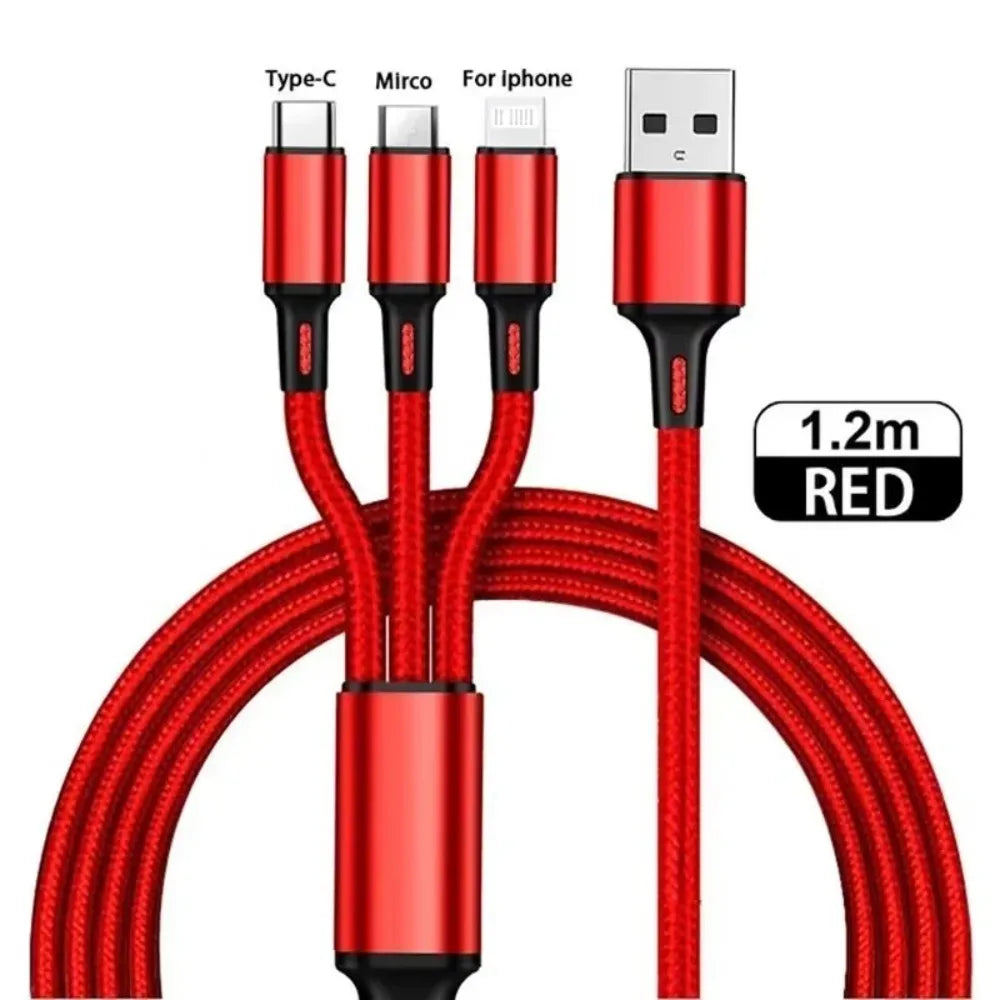 3In1 Fast Charging Cable Cord For iPhone Xiaomi Micro USB Type C Charger Cable Multi Port Multiple Usb Charging Wire Line