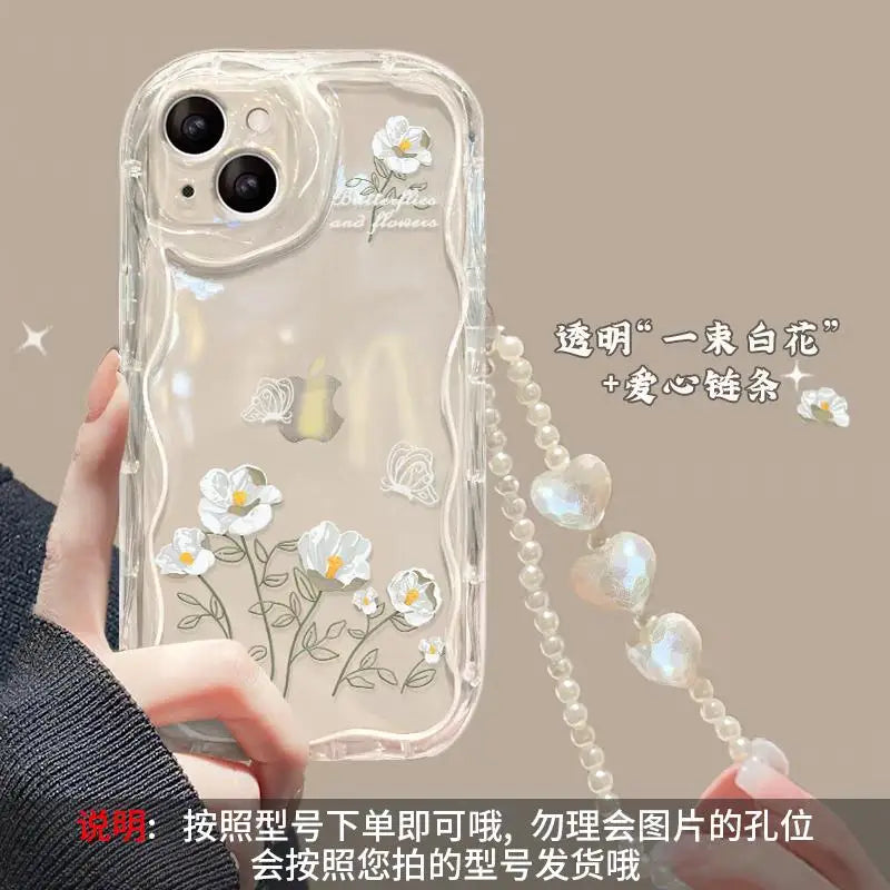 Phone Case For iPhone 17 16 15 Pro Max 14 11 13 12 Mini Plus 16E 17 Air IPhone17 Back Cover Flower Bracelet Wrist Chain Strap