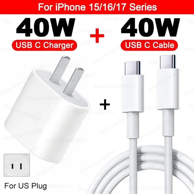 US EU Adapter PD 40W Fast Charger For iPhone 15 13 12 11 14 17 16 Pro Max Type C Charger Charging Cable Phone Accessories
