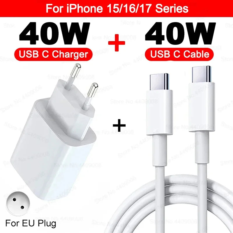 US EU Adapter PD 40W Fast Charger For iPhone 15 13 12 11 14 17 16 Pro Max Type C Charger Charging Cable Phone Accessories
