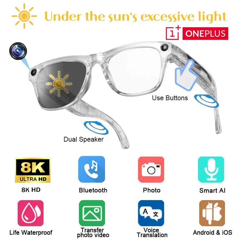 Oneplus Smart 8k Ai Glasses Bluetooth Chat Gpt Touch Sport Sunglasses 100mp Camera For Outdoor Tech Lovers Men Women Travel Gift