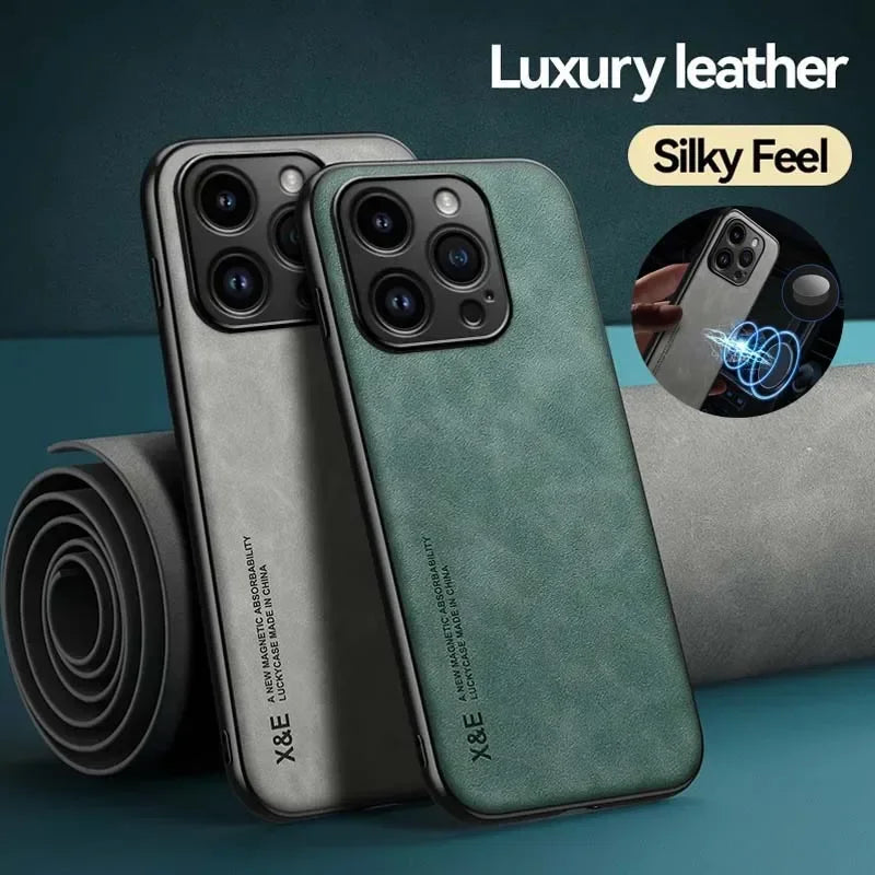Luxury Leather Case For iPhone 17 16 16e 15 14 13 12 11 Pro Max Plus 12 13 Mini SE 8 7 Cover With Metal Plate Support Car Hold