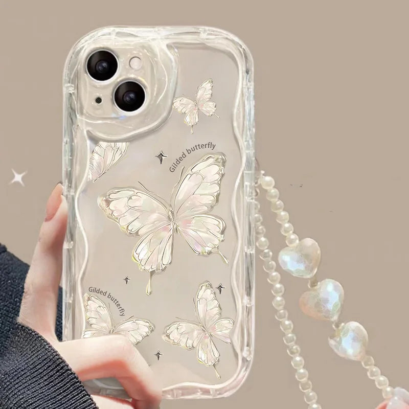 Phone Case For iPhone 17 16 15 Pro Max 14 11 13 12 Mini Plus 16E 17 Air IPhone17 Back Cover Flower Bracelet Wrist Chain Strap